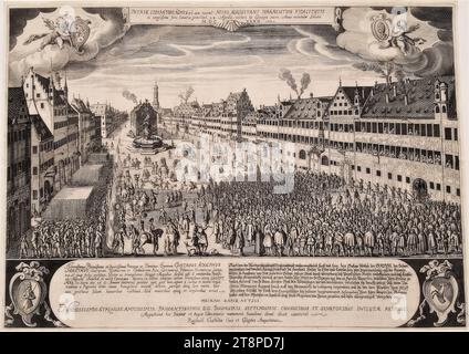 Hommage des citoyens d'Augsbourg au roi Gustave II Adolphe de Suède sur le marché du vin à Augsbourg le 24 avril 1632, 1634, estampe, gravure sur cuivre sur papier, feuille: 36,6 × 50,8 cm, [U.U.] 'Serenissimus, Potentissimus et invictissimus princeps ac Dominus, Dominus GUSTAVUS ADOLPHUS | MAXIMUS, Suecorum, Gotthorum et Vandalornm Rex ... Et amplioribus ornat' ; [R.B.] 'après que le tout-envahissant est puissant, invincible est prince et seigneur, Seigneur Gustav Adolphe le GRAND, le Suédois, | Den, Gotthen et Wenden Khönig, Grand Prince de Finlande, Duc d'Esten et Carelen Banque D'Images