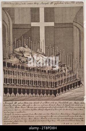 Le cadavre de l'empereur Joseph II sur le lit de parade, anonyme, (après) 1790, gravure sur papier, feuille : 24 × 16 cm, [ci-dessous] 'Joseph. II né en 13. Merz 1741[.] Was d. 27 Merz 1764 à Frankforth am Mayn, à la | Roman. Roi erw:, tout là kr. 3 avril e.a. et à Roman. Kayser 18 août 1765. Était de | la mère de sa femme, Maria Theresia, avec, régent de tous les autrichiens. Héritier, roi u : atterrir sur, | prise Banque D'Images