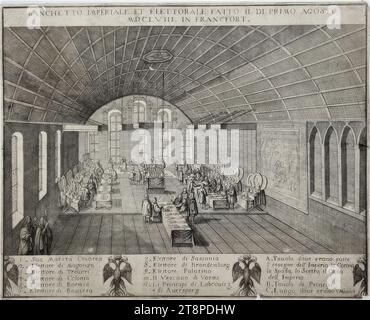 Festbankett zur Kaiserkrönung von Leopold I. Am Römerberg in Frankfurt am main Am 1. Juli 1658, Aus : Galeazzo Gualdo Priorato, Historia di Leopoldo Cesare, BD.1 : dans laquelle les guerres et accidents les plus mémorables sont racontés en Europe, de ' année 1656. Jusqu'en 1669, Wien, Giovanni Battista Hacque, 1669, anonym, 1669, Druckgraphik, Radierung auf papier, Blatt : 31 × 38,5 cm Banque D'Images