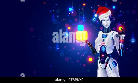 Belle femme robot dans le chapeau du Père Noël tient des cadeaux dans ses mains. Ai à l'image de femme cyborg ou bot de chat Internet donne des cadeaux pour Noël, New Yea Illustration de Vecteur