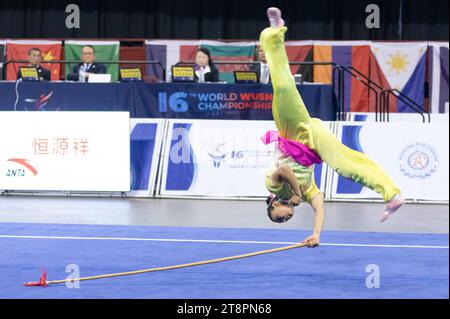 Fort Worth, États-Unis. 20 novembre 2023. Michels Silva dos Santos, du Brésil, participe à l'épreuve féminine de Qiangshu au 16e Championnat du monde de Wushu à fort Worth, Texas, États-Unis, le 20 novembre 2023. Crédit : Dan Tian/Xinhua/Alamy Live News Banque D'Images