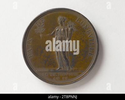 Paix de Lunéville, 20 pluviose an IX (9 février 1801), Andrieu, Bertrand ou Jean-Bertrand, graveur en médailles, tableau, Numismatique, Médaille, Dimensions - oeuvre : diamètre : 4,2 cm, poids (taille du type) : 39,14 g. Banque D'Images