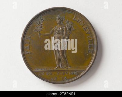 Paix de Lunéville, 20 pluviose an IX (9 février 1801), Andrieu, Bertrand ou Jean-Bertrand, graveur en médailles, tableau, Numismatique, Médaille, Dimensions - oeuvre : diamètre : 4,2 cm, poids (taille du type) : 38,39 g. Banque D'Images