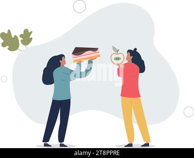 Deux femmes avec des aliments différents. Alimentation équilibrée et nutrition malsaine. Illustration vectorielle plate. Illustration de Vecteur
