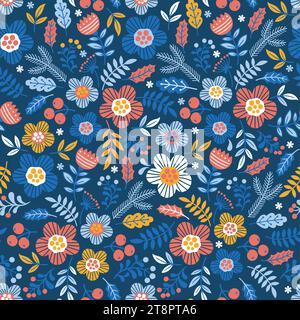 Motif sans couture de prairie de fleurs. Entrelacement de fleurs et de branches de doodle stylisées dans le style de couleur scandinave sur fond bleu foncé Illustration de Vecteur