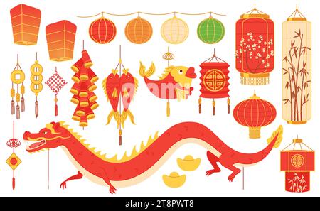 Lanternes suspendues et volantes chinoises de dessin animé. Décorations traditionnelles de vacances. Formes de lampes en papier rouge du nouvel an. Pompons d'or. Éclairage oriental Illustration de Vecteur