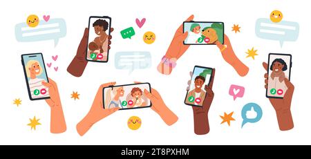 Tenez les téléphones avec les conversations vidéo. Les gens communiquent via des applications de messagerie. Écrans de smartphone. Dispositifs dans les bras. Appelez votre famille et vos amis Illustration de Vecteur