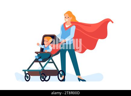 maman super-héros portant super bébé en poussette. Marche en famille. Mère héroïque poussant la poussette. Enfant en voiture. Enfant nouveau-né et femme souriante avec rouge Illustration de Vecteur