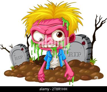 Un zombie de dessin animé creusant dans un cimetière isolé Illustration de Vecteur