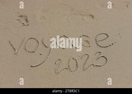 L'inscription voyaje 2022 en français, Voyage 2022, sur le sable par l'eau et la vague montante, mer vacances plage au bord de la mer. Banque D'Images