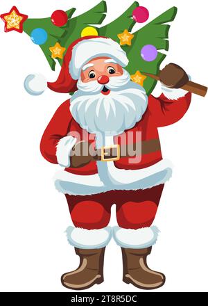 Le Père Noël tient un sapin de Noël décoré sur son épaule. Personnage de dessin animé Noël et nouvel an. Illustration vectorielle. Illustration de Vecteur