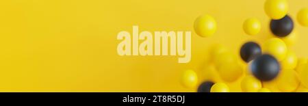 Boules jaunes et noires dynamiques, ballons sur un fond jaune vif, parfait pour les ventes, thèmes Black Friday. Vide, espace de copie pour le texte. Toile de fond Banque D'Images