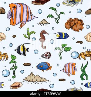 Modèle vectoriel sans couture pour papier cadeau avec le monde sous-marin, la vie marine, les poissons et les coquillages Illustration de Vecteur