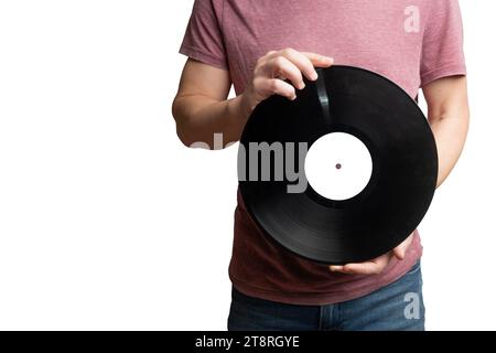 Homme tenir un disque vinyle avec étiquette vierge Banque D'Images
