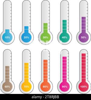 Thermomètre avec objectif et pourcentages. Compteur avec balance pour collecte de fonds. Thermostat chaud ou froid avec pourcentage. Température élevée et indicateur. Mesurer Illustration de Vecteur