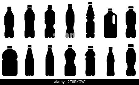 Icône bouteille. Ensemble de silhouettes de diverses bouteilles en plastique isolées sur un fond blanc. Différentes formes et tailles pour l'emballage de liquides Illustration de Vecteur