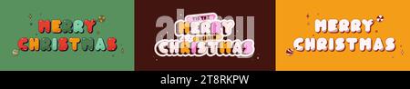 Affiches groovy avec texte Joyeux Noël. Fond tricolore. Illustration de Vecteur