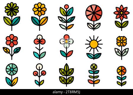 Ensemble d'icônes de fleurs. Icônes de fleurs colorées dans un style plat. Fleurs sauvages et plantes. Illustration vectorielle Illustration de Vecteur