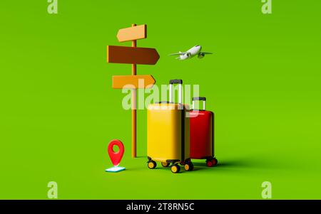 Concept de voyage. Nature morte avec panneau de direction, valises, avion et smartphone avec carte PIN dessus. rendu 3d. Banque D'Images