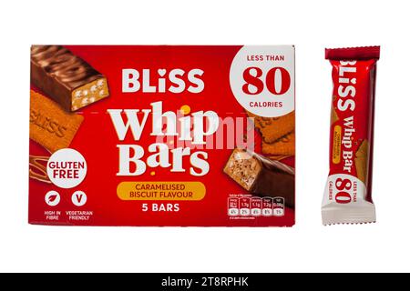 Boîte de Bliss whip bars Biscuit caramélisé saveur moins de 80 calories isolé sur fond blanc Banque D'Images