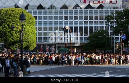 Shibuya Crossing. Tokyo, Shibuya est célèbre pour sa traversée en brousse. Il est situé en face de la sortie Shibuya Station Hachikō et arrête les véhicules dans toutes les directions pour permettre aux piétons d'inonder toute l'intersection. La statue de Hachikō, un chien, entre la gare et l'intersection, est un lieu de rencontre commun et presque toujours bondé Banque D'Images