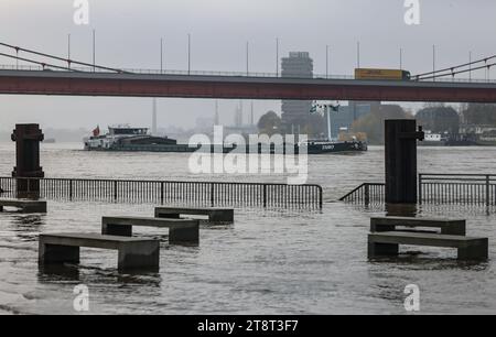 Duisburg, Allemagne. 21 novembre 2023. Une partie de la banque est inondée à Duisburg-Ruhrort. L'inondation du Rhin a atteint son apogée dans les premières villes de Rhénanie du Nord-Westphalie mardi. (À dpa/lnw : 'les inondations du Rhin atteignent leur apogée à Cologne et Düsseldorf') crédit : Oliver Berg/dpa/Alamy Live News Banque D'Images