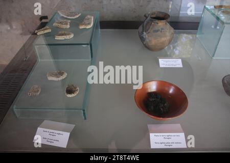 Ruines de Pompéi : exposition de produits alimentaires conservés, vestiges de la ville romaine enterrés par l'éruption du mont. Vésuve en 79 AD et fouillé dans les temps modernes, Italie Banque D'Images