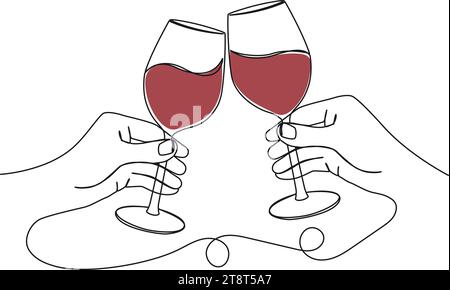 dessin continu à une seule ligne des mains clinking verres avec vin rouge, illustration vectorielle au trait Illustration de Vecteur