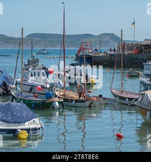 Bateaux de plaisance et de plaisance à leurs mouillages dans le Cobb lors d'une journée d'été lumineuse à Lyme Regis, Dorset, Angleterre, Royaume-Uni. Banque D'Images