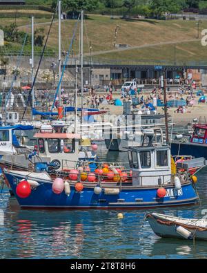 Bateaux de plaisance et de plaisance à leurs mouillages dans le Cobb lors d'une journée d'été lumineuse à Lyme Regis, Dorset, Angleterre, Royaume-Uni. Banque D'Images