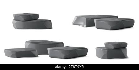 Pierres lisses noires comme podium d'affichage de produit. Ensemble d'illustrations vectorielles de rendu 3D de diverses compositions de piédestal de sol plat avec de la roche brillante sombre Illustration de Vecteur