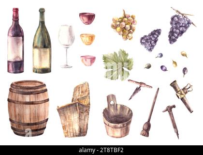 Set de vinification à l'aquarelle. Bouteille, verres avec garnitures de vin. Tonneau de bois, panier en osier, grappe, feuille et baies de raisin, tire-bouchon, concasseur main Banque D'Images