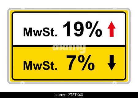 Signe jaune allemand et taxe sur la valeur ajoutée 19% et 7% MWST isolé sur fond blanc Banque D'Images