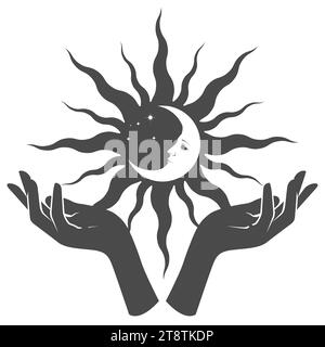 Les mains des femmes tiennent le soleil noir avec la lune à l'intérieur sur les paumes, l'occultisme et le mysticisme, les sorcelleries magiques et la sorcellerie, vecteur Illustration de Vecteur