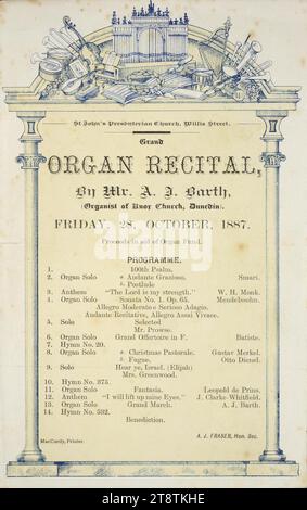 Église presbytérienne St John's, Willis Street : récital d'orgue de M. A. J. Barth (organiste de l'Église KNOX, Dunedin). Vendredi 28 octobre 1887. Produit en aide à Organ Fund. A J Fraser, l'hon. sec. Programme. Mcurdy, imprimeur, montre le texte du programme disposé sur le flyer, dans les bordures latérales en colonnes, et avec un arrangement d'instruments de musique en haut de la page Banque D'Images