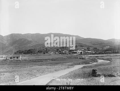 Vue de la colonie de Tokomaru Bay en regardant vers l'ouest, la colonie de Tokomaru Bay, peut-être photographiée par Oates Bros de Tokomaru Bay entre 1900 et 1930. Vue prise de la zone de front de mer regardant à l'ouest le long d'un ruisseau vers les bâtiments et les maisons (un sur la droite avec mât peut être l'école), et les collines au-delà Banque D'Images