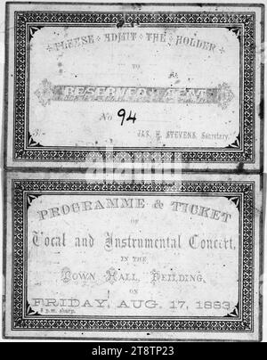 Town Hall Feilding : concert local et instrumental, vendredi 17 août 1883. Programme et billet. Couverture, programme et billet numéro 94 pour le concert. Montre une bordure décorative sur les couvertures avant et arrière. Imprimé par Star Print, Feilding Banque D'Images