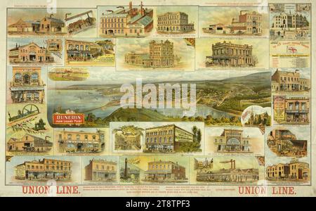 Union Steam Ship Company of New Zealand : Dunedin de Logan's point et vues des bâtiments de Dunedin. Supplément de l'étoile Dunedin, le 15 mai 1893, montre une vue de Dunedin depuis Logan's point au centre. Autour de lui en haut à gauche (dans le sens des aiguilles d'une montre) sont : James Macfie & Co City Coal Depot ; James Duthie & Co's Colonial Carriing Company of New Zealand, J & J Arthur (tailleurs) ; A & T Burt (ingénieurs) ; Thomson & Co. Crystal Springs Mineral Water Works ; H E Shacklock (fondateur et ingénieur) ; Joseph Mackay City Boot Palace ; St Domonic's Convent and High School ; W Melville's Cyclings' Exchange Banque D'Images