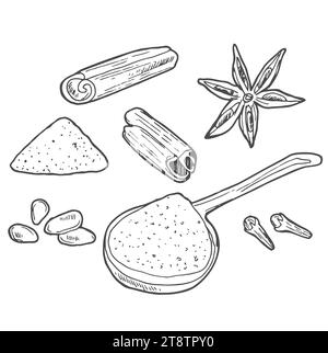 Les bâtons de cannelle et l'anis étoilé sont dessinés à la main. Gousses de cannelle entières texturées et fleurs d'anis dans le style grill. Illustration vectorielle isolée Illustration de Vecteur