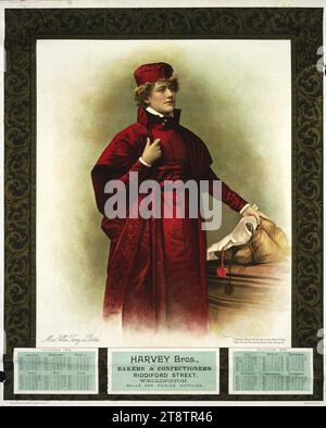 Harvey Bros (Firm) : Mlle Ellen Terry dans le rôle de Portia. Harvey Bros, boulangers et confiseurs, Riddiford Street, Wellington, Nouvelle-Zélande. Balles et pique-niques fournis. (Copyright, entré à Stationers Hall), montre un portrait de trois quarts de l'actrice irlandaise Ellen Terry en robe rouge et chapeau. En bas à gauche se trouve une citation : 'Shylock, il y a trois fois que ton argent t'a offert, prends trois fois ton argent, offre-moi de déchirer le lien Banque D'Images