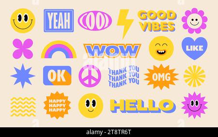Collection de stickers colorés dans le style rétro hippie. Personnage de bande dessinée drôle et formes. Illustration vectorielle Illustration de Vecteur