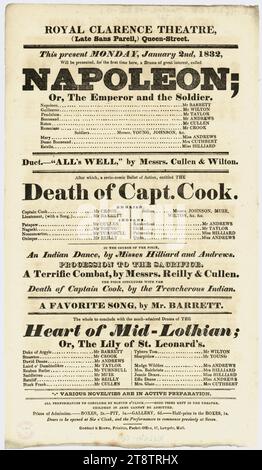 Royal Clarence Theatre : Royal Clarence Theatre (feu sans pareil), rue Queen. Ce lundi 2 janvier 1832 sera présenté pour la première fois ici, un drame de grand intérêt, appelé Napoléon ; ou l'Empereur et le soldat. Duet all's, arrangements de texte, avec différentes tailles de lettrage Banque D'Images