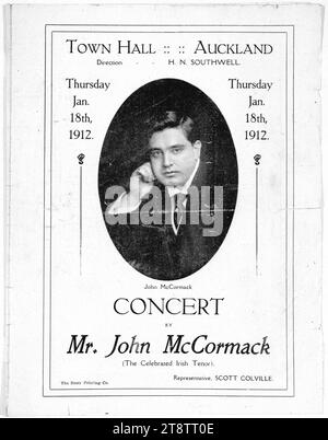 Town Hall Auckland, Nouvelle-Zélande : concert de M. John McCormack (le célèbre ténor irlandais) jeudi 18 janvier 1912, montre le portrait de tête et d'épaule du ténor John McCormack, en posant sa joue droite sur ses doigts incurvés. La Brett Printing Company a imprimé le programme. Le représentant de M. McCormack était Scott Colville Banque D'Images