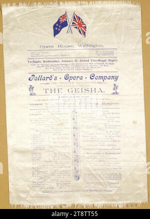 Opera House Wellington, Nouvelle-Zélande : Pollard's Opera Company, The People's favorites, dans le célèbre opéra japonais The Geisha, histoire d'une maison de thé. To-Night, mercredi 10 janvier, Grand Vice-Regal Night! 1900, Arrangement du texte avec Union Jack et drapeau néo-zélandais en haut. La représentation a été organisée avec J C Williamson et George Musgrove, sous la supervision entière de M. Tom Pollard. Acteurs inclus : Miss Florence Perry, Miss May Beatty, Miss Gertie Campion, Miss Beatrice Perry, Miss Alice Pollard, Mlle Lily Stephens, Mlle Nellie Foord, Mlle Wilmot Karkeek, Mlle Rosa Stevens Banque D'Images