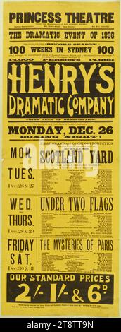 Princess Theatre (Dunedin) : Henry's Dramatic Company ; l'événement dramatique de 1898 .. Inaugureront leur courte saison à Dunedin, à partir du lundi 26 décembre. 1898, montre la disposition du texte, lettrage noir sur jaune, avec lettrage variable. Le nom « Henry's Dramatic Company » est surligné sur fond noir Banque D'Images