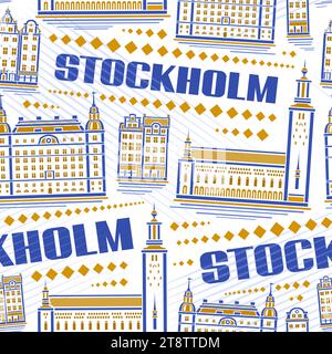 Vector Stockholm Seamless Pattern, répétition de fond avec illustration du célèbre paysage médiéval de la ville de stockholm sur fond blanc, ligne décorative Illustration de Vecteur