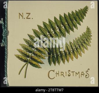 N. Z. Christmas. Fern. Carte. 1900-1919, montre deux feuilles de fougère. Le lettrage est en or Banque D'Images