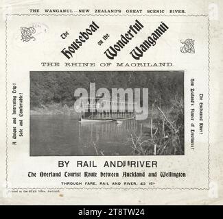 A Hatrick & Co. : La péniche sur la merveilleuse Wanganui, Nouvelle-Zélande, le Rhin de Maoriland. Par rail et par rivière, la route touristique terrestre entre Auckland, Nouvelle-Zélande et Wellington, Nouvelle-Zélande, par le tarif, le rail et la rivière, 3 livres 15/-. Service d'été, du 15 décembre au 30 avril 1907, couverture avant montre la péniche sur la rivière Banque D'Images