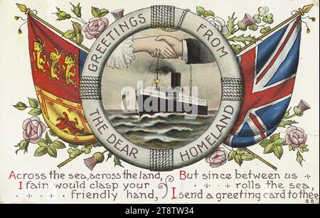 Carte postale. Salutations de la chère Patrie. Wildt & Kray, Londres, N.W. série no 1819. Imprimé en Angleterre. 1910, la carte montre un bateau à vapeur à l'intérieur d'une ceinture de sauvetage, avec les mains d'un homme et d'une femme serrées au-dessus. La ceinture de sauvetage est flanquée de l'Union Jack et du drapeau royal avec des lions rampants, ainsi que des roses et des chardons d'Angleterre et d'Écosse. Le verset ci-dessous se lit comme suit : «à travers la mer, à travers la terre, je fain agripperais votre main amicale, / mais comme entre nous roule la mer, je t'envoie une carte de voeux Banque D'Images