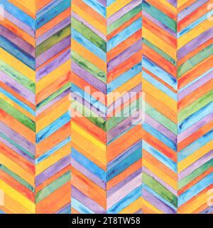 Fond abstrait de chevron de vacances aquarelle. Motif sans couture de coups de pinceau multicolores dessinés à la main. Texture géométrique aquarelle. Imprimés pour textiles, Banque D'Images